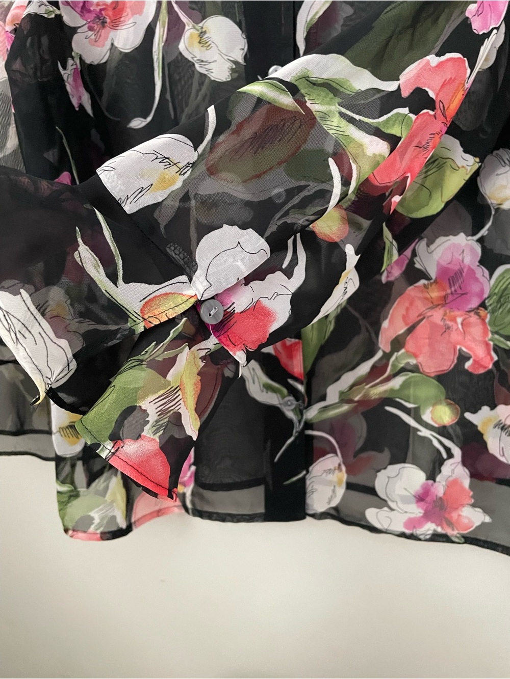 Sheer Black Floral Button-Front Blouse - Pink Floral - Picture 7 of 10